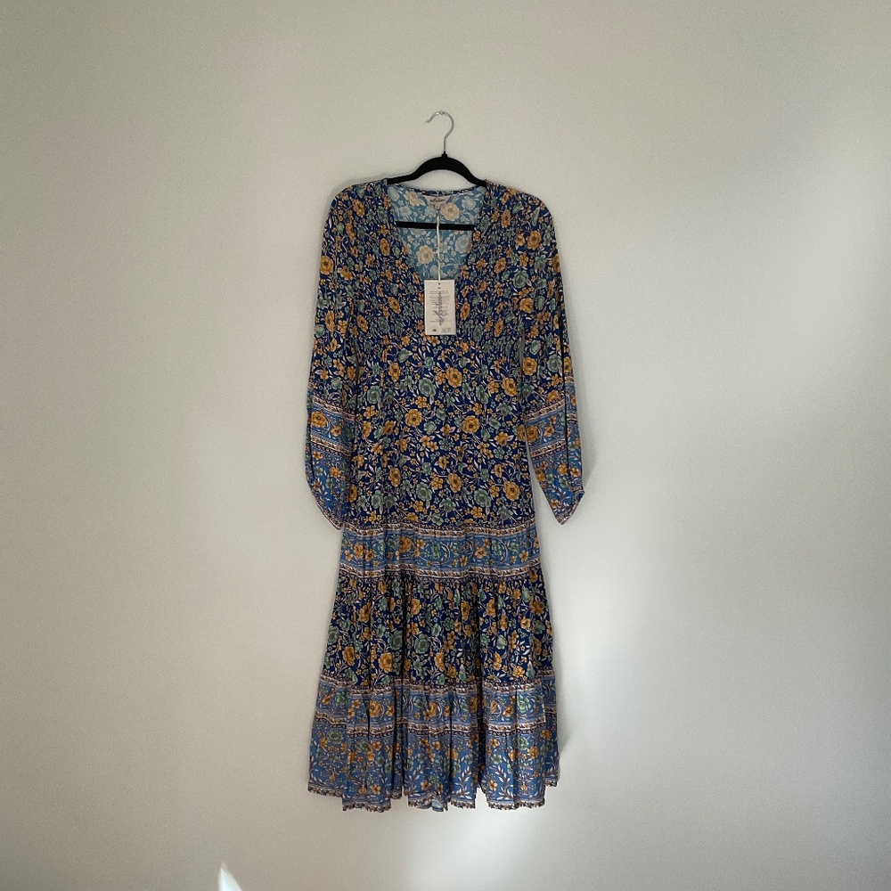 Arnhem Phoebe Shirred Boho Dress in Waterfall. Size 10